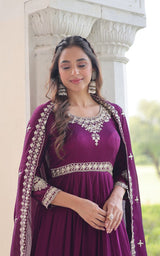 Designer Vichitra Silk Gown with Rich Sequins Embroidery & Canvas Patta Flair – Premium Stitched Anarkali Suit Set