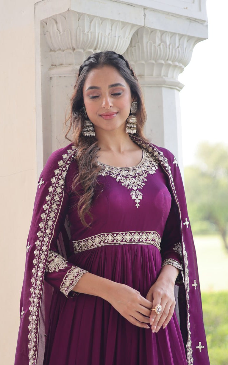 Designer Vichitra Silk Gown with Rich Sequins Embroidery & Canvas Patta Flair – Premium Stitched Anarkali Suit Set