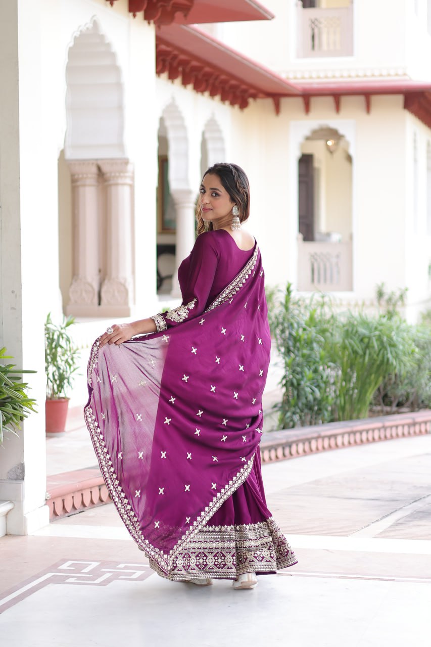 Designer Vichitra Silk Gown with Rich Sequins Embroidery & Canvas Patta Flair – Premium Stitched Anarkali Suit Set