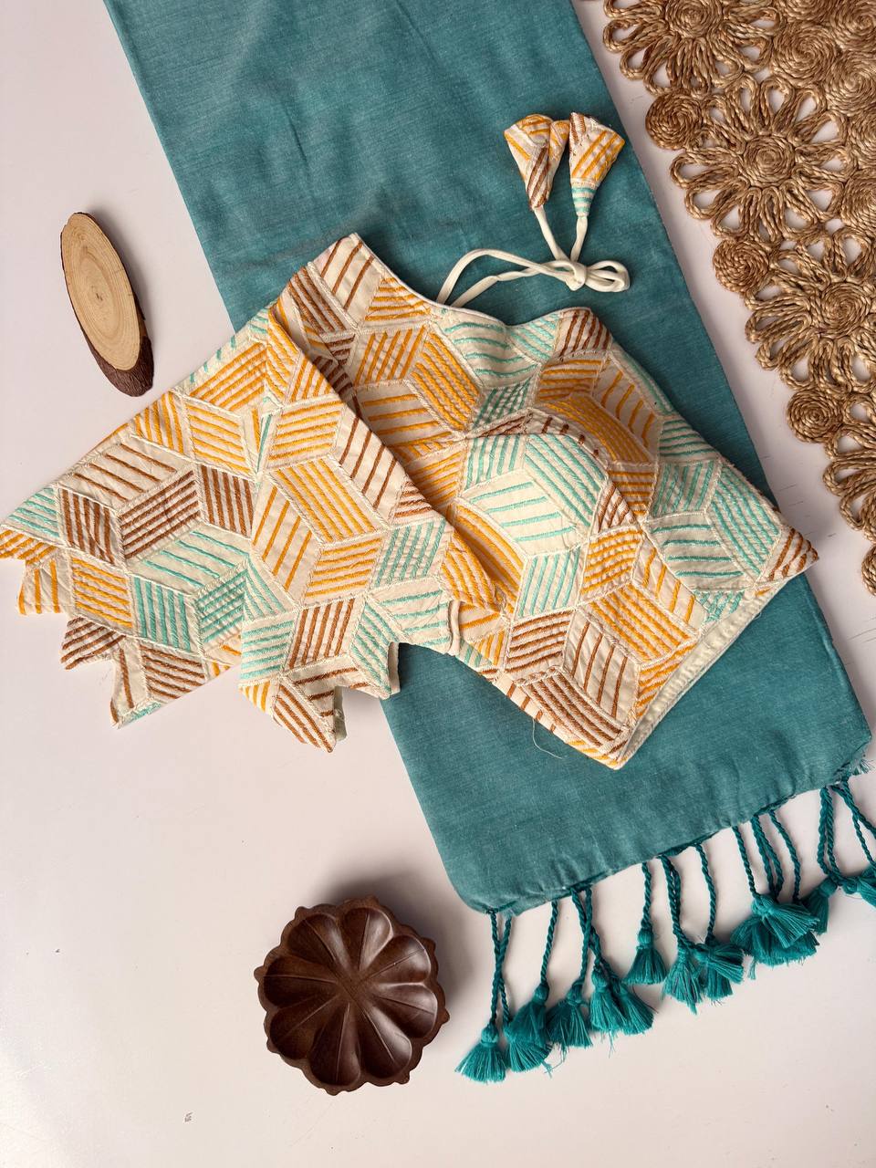 Product Title Handcrafted Khadi Cotton Saree with Designer Heavy Embroidery Aura Cotton Padded Blouse – Sustainable Luxury Ethnic Wear