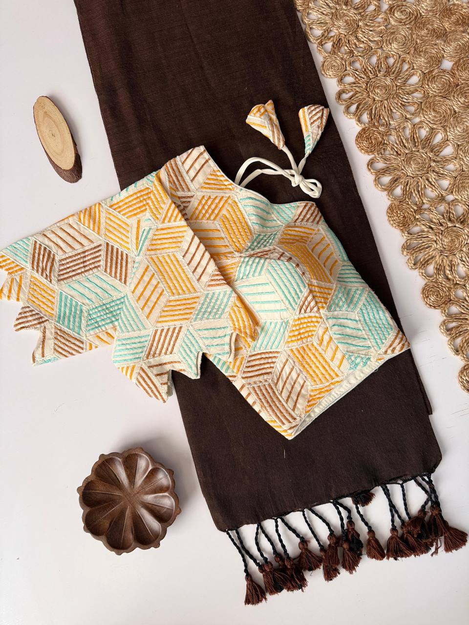 Product Title Handcrafted Khadi Cotton Saree with Designer Heavy Embroidery Aura Cotton Padded Blouse – Sustainable Luxury Ethnic Wear