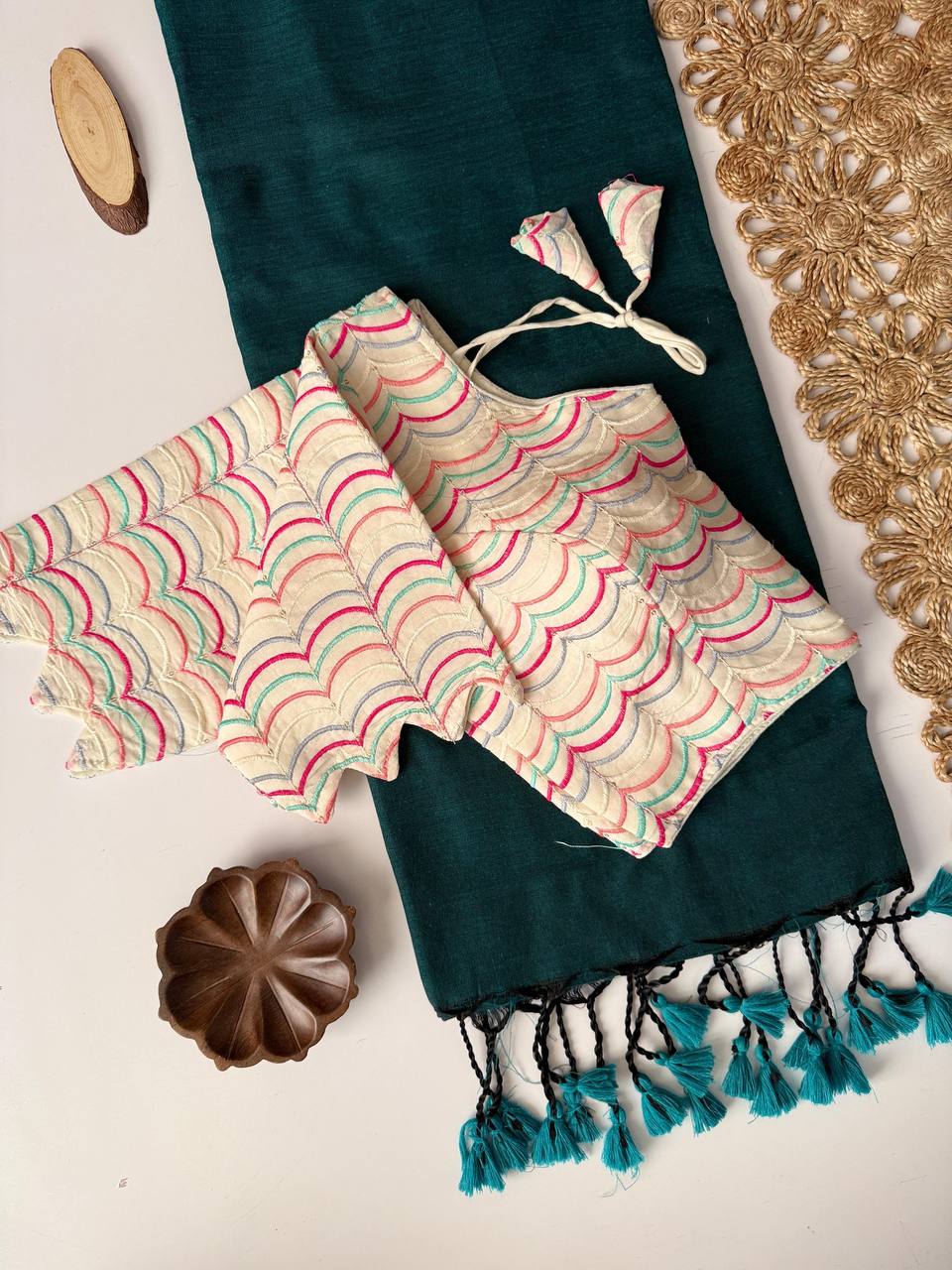 Product Title Handcrafted Khadi Cotton Saree with Designer Heavy Embroidery Aura Cotton Padded Blouse – Sustainable Luxury Ethnic Wear