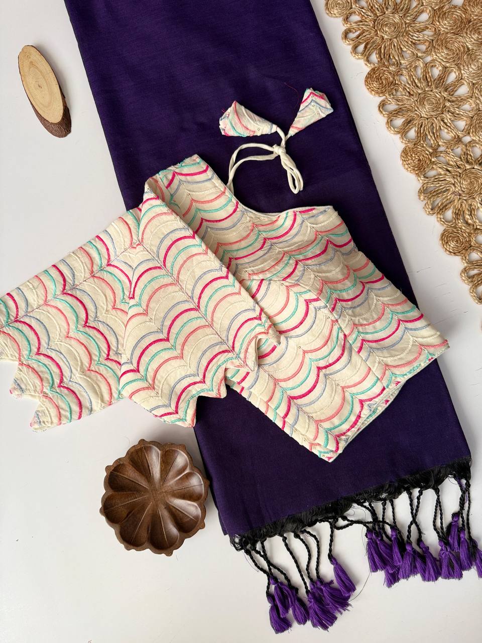 Product Title Handcrafted Khadi Cotton Saree with Designer Heavy Embroidery Aura Cotton Padded Blouse – Sustainable Luxury Ethnic Wear