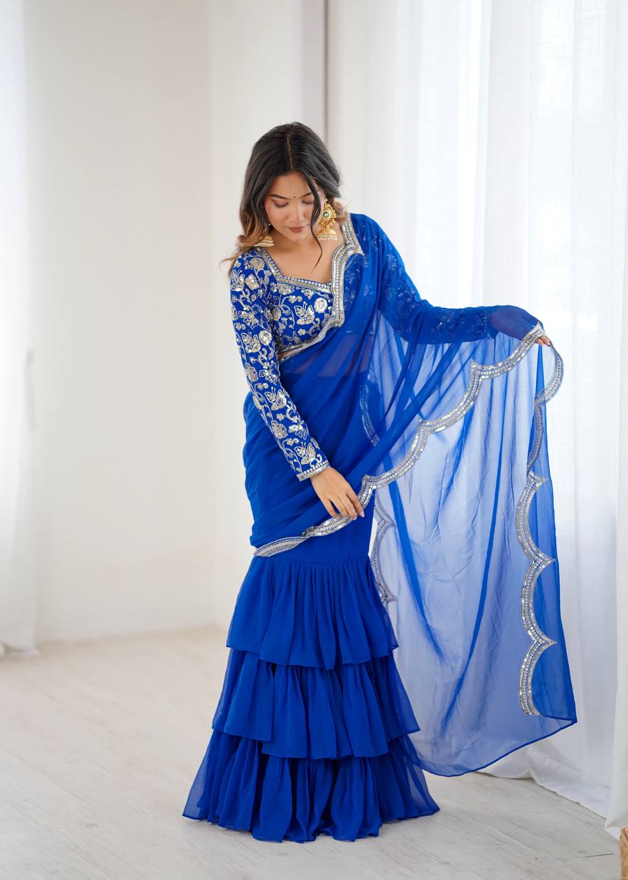 Embroidered Faux Georgette Ruffle Saree with Sequin Work Blouse