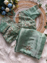 Handcrafted Khatli Work Satin Saree with Designer Stitched Blouse and Scalloped Border