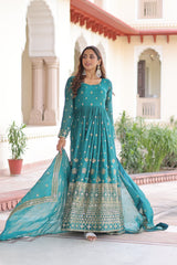 Wedding Wear Silver Crunchy Sequins Embroidered Anarkali Gown with Designer Lace Dupatta