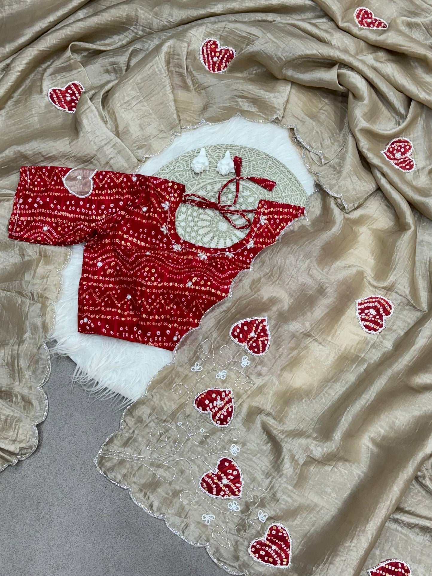 Two-Tone Gold Crush Silk Saree with Bandhej Handwork Cutdana Butta and Foil Print Stitched Blouse