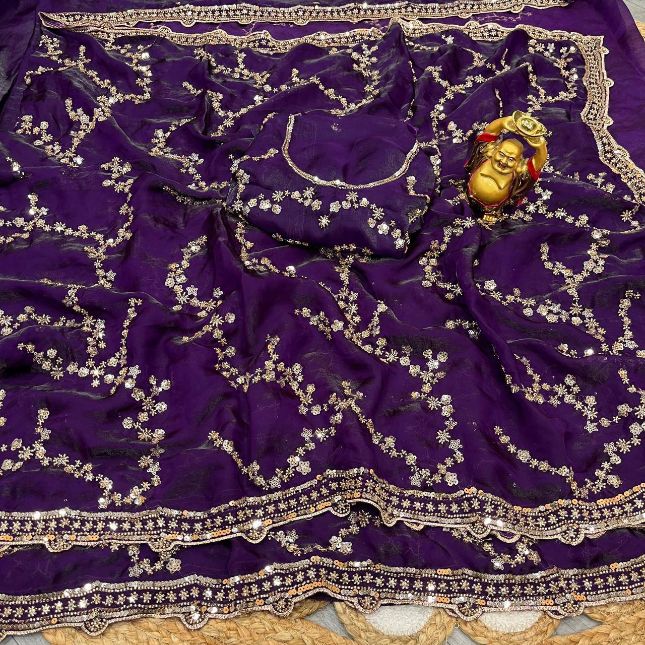 Designer Space Silk Party Wear Saree with Velvet Shine & Gold Cutdana Handwork