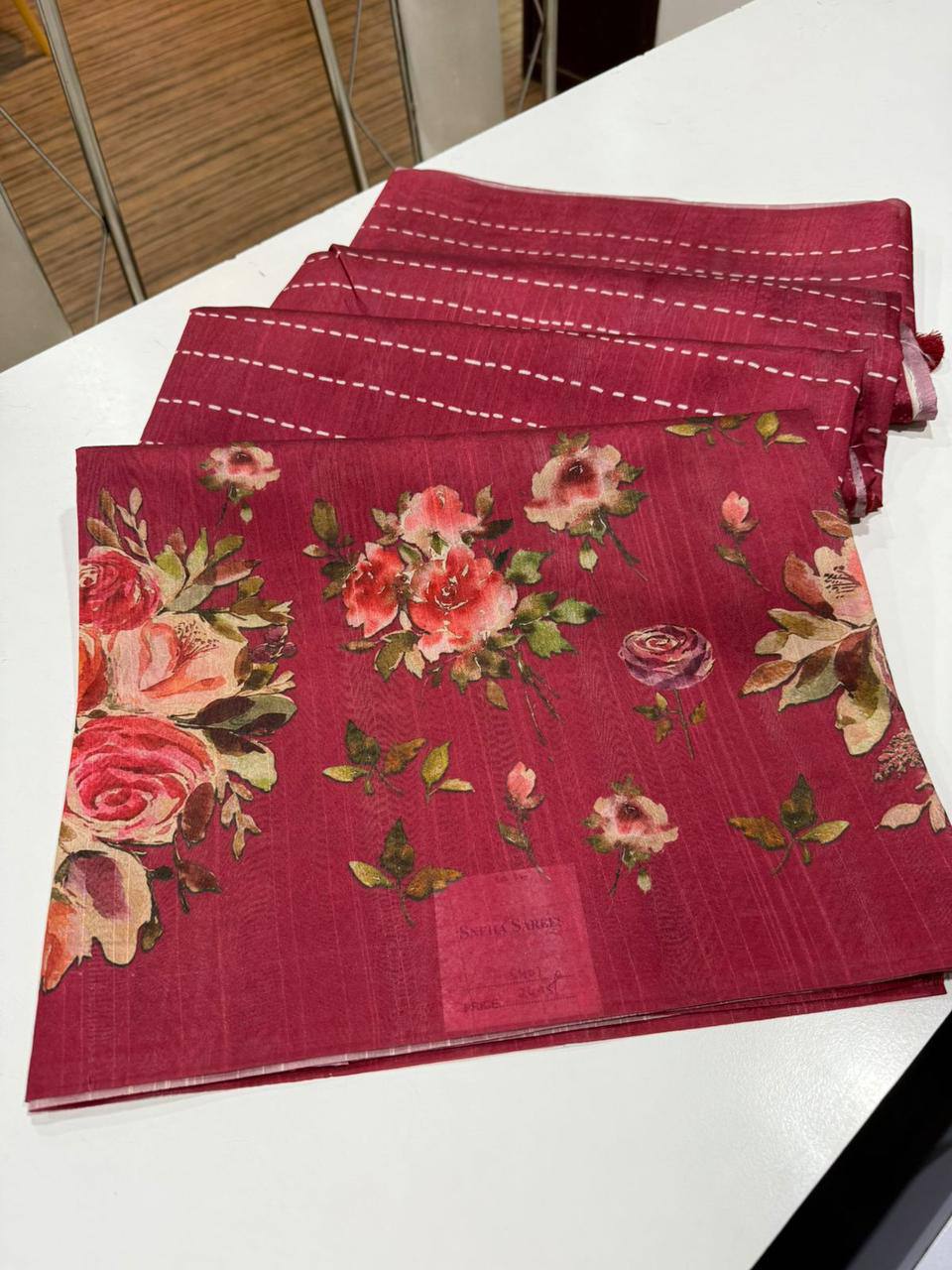 Digital Floral Print Semi Desi Tussar Silk Saree with Tassel Detail and Matching Blouse