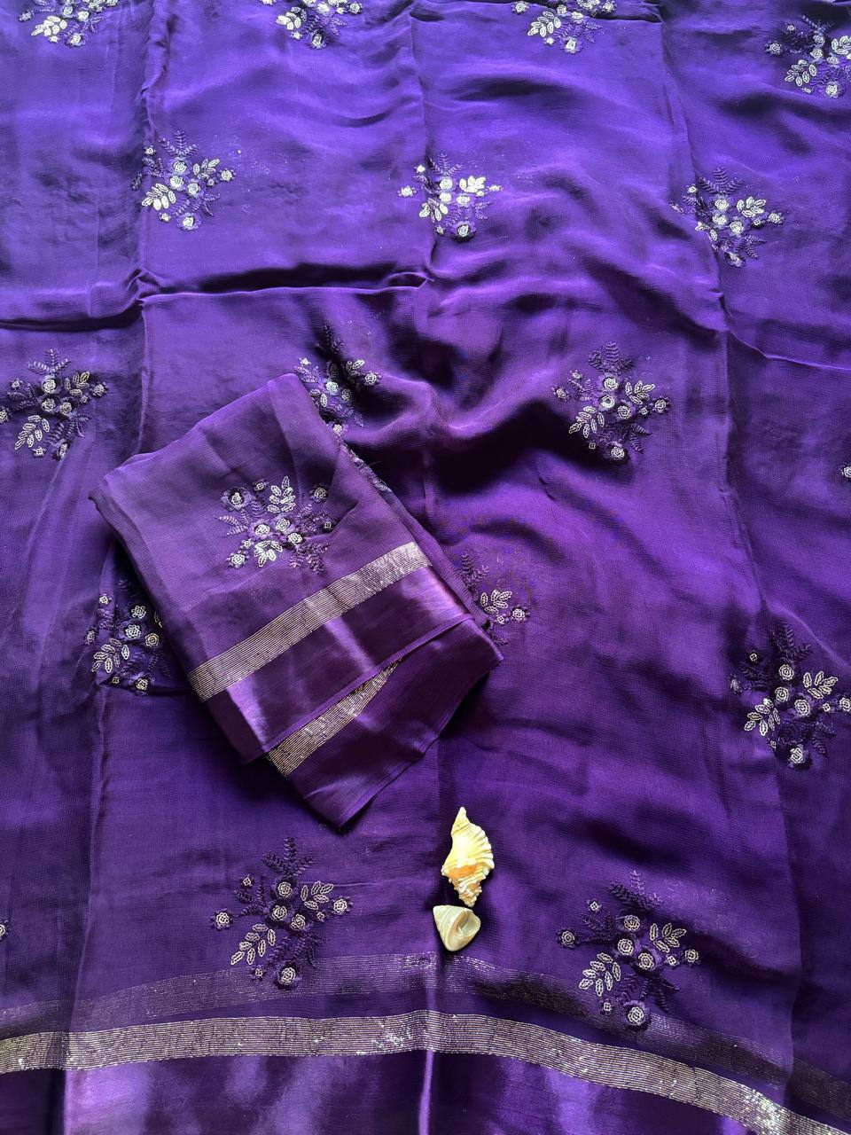 Pure Viscose Georgette Saree with Floral Embroidery Butta & Satin Border