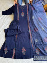 Pure Cotton A-Line Kurti Pant Set with Real Mirror Hand Work & Mul Cotton Dupatta