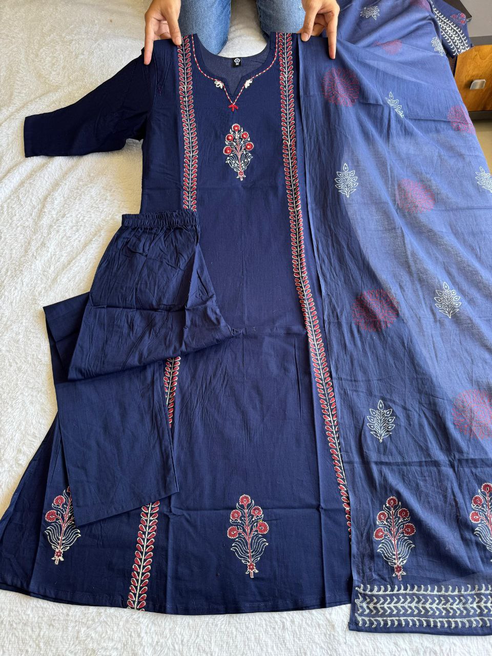 Pure Cotton A-Line Kurti Pant Set with Real Mirror Hand Work & Mul Cotton Dupatta