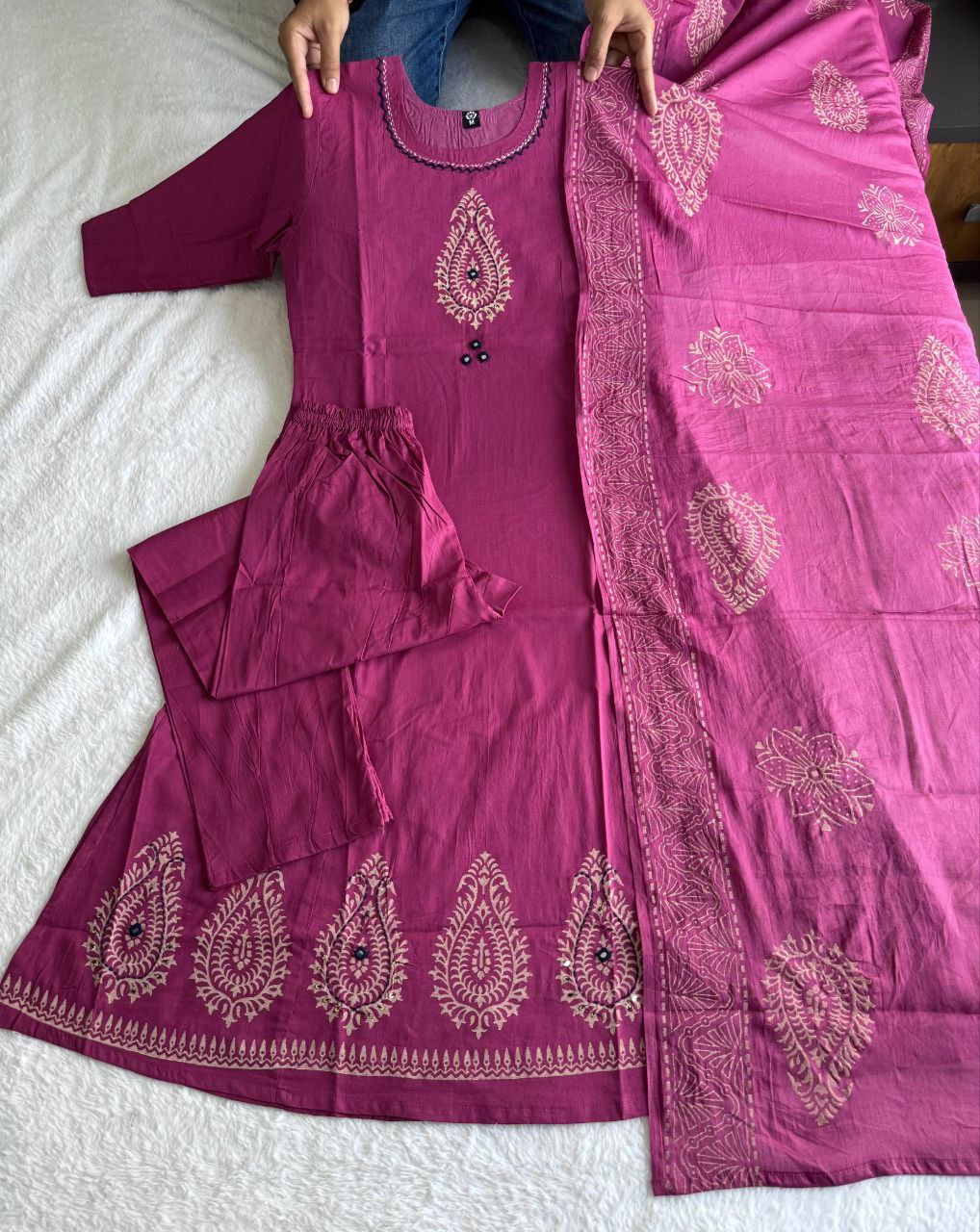 Pure Cotton A-Line Kurti Pant Set with Real Mirror Hand Work & Mul Cotton Dupatta
