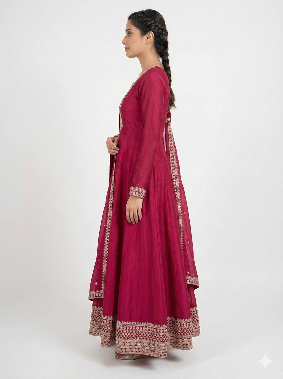 Pure Vichitra Silk Full Flare Anarkali Gown with Sequins Embroidery work, Churidar Sleeves and Dupatta