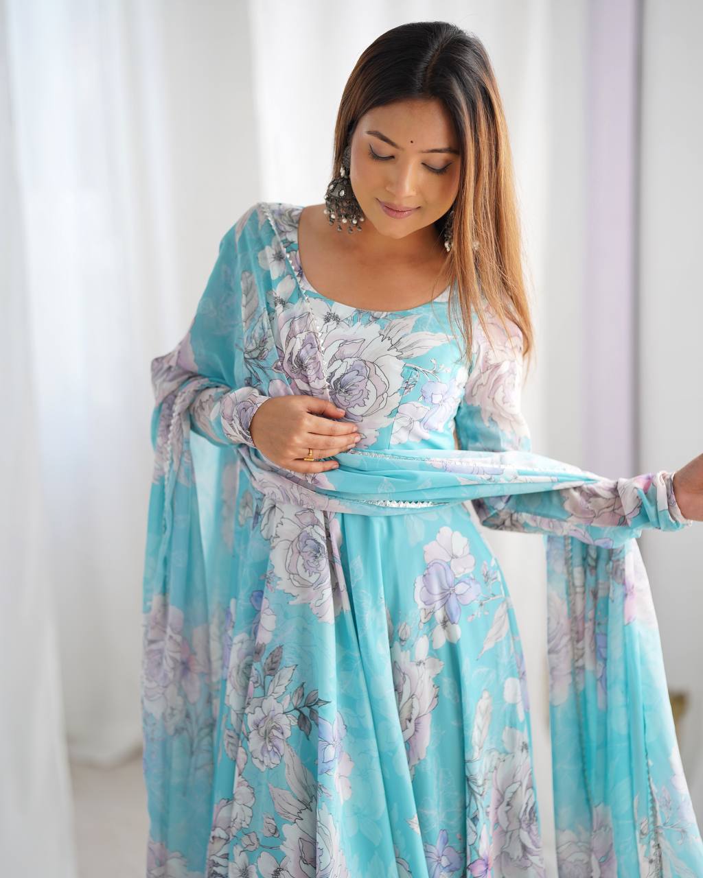 Heavy Fox Georgette Floral Anarkali Gown with Shawl Style Lace Dupatta