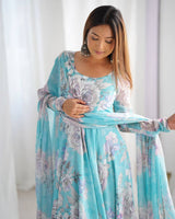 Heavy Fox Georgette Floral Anarkali Gown with Shawl Style Lace Dupatta