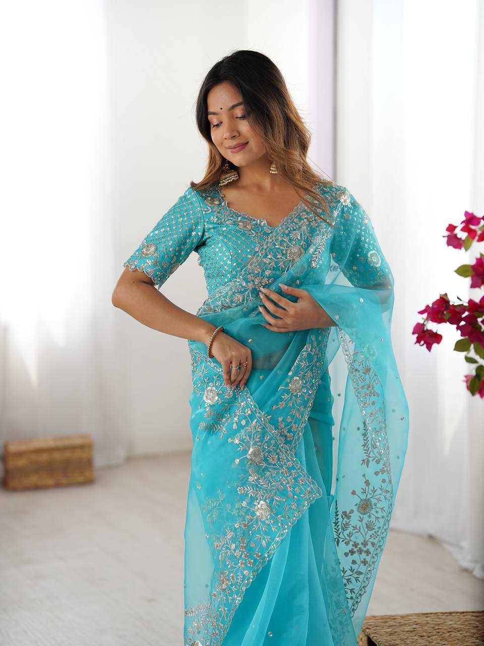 Designer Embroidered Organza Saree - Luxury Wedding Wear with Sequin Work