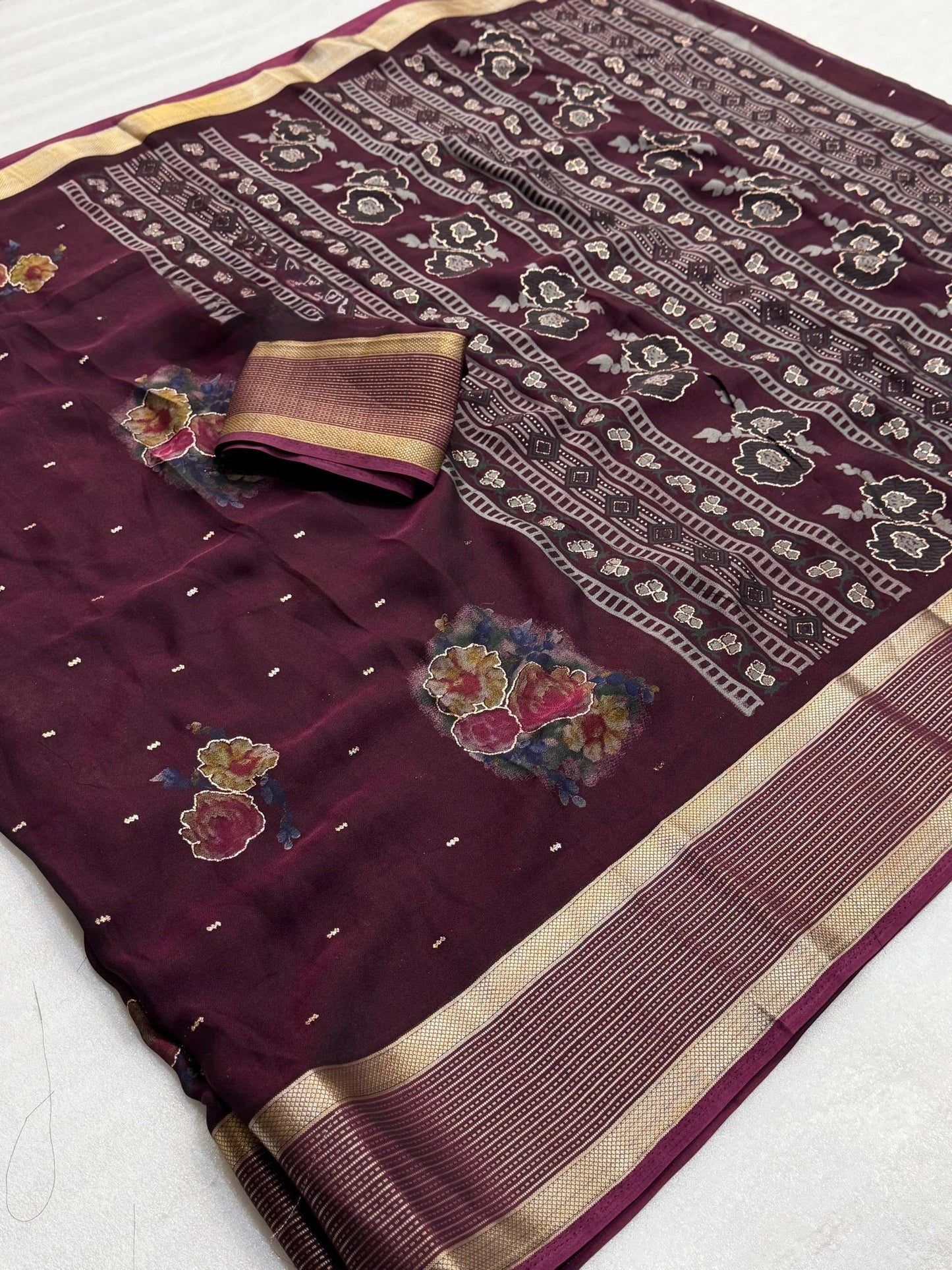 Pure Rangoli Silk Saree with Floral Prints, Glitter Butti & Golden Weaving Border with Blouse