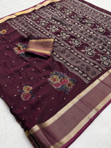 Pure Rangoli Silk Saree with Floral Prints, Glitter Butti & Golden Weaving Border with Blouse