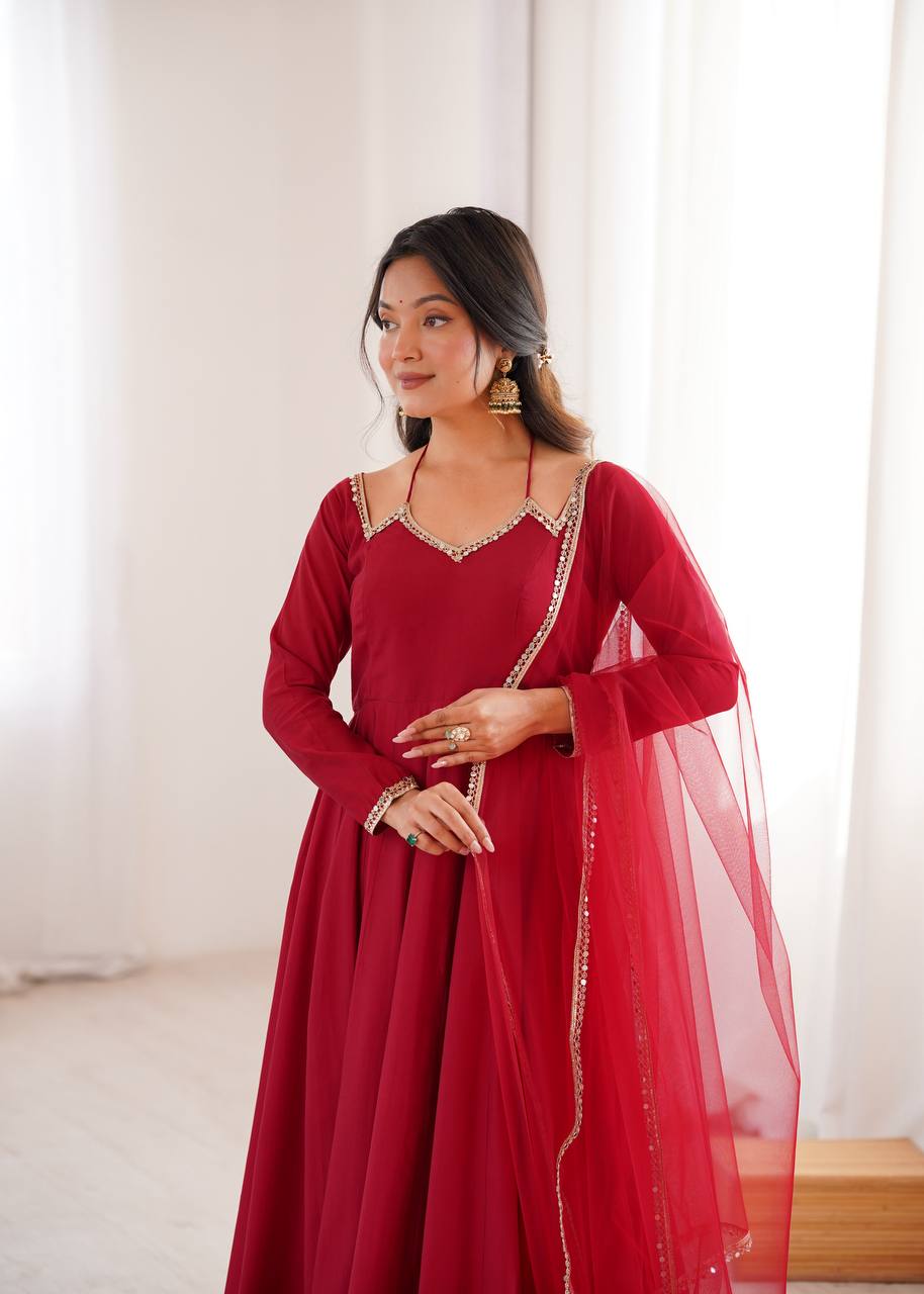 Premium Pure Roman Silk Chanderi Anarkali Gown Set with 4 Meter Flare, Lace Work & Net Dupatta