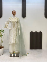 Designer Roman Silk 3 Piece Plazzo Set with Heavy Sequence Embroidery and Organza Dupatta