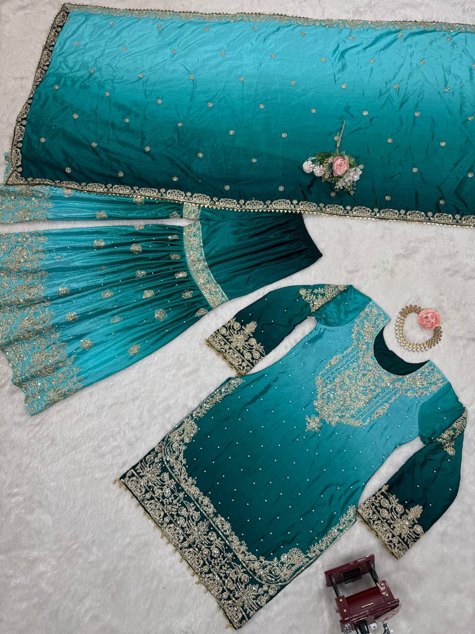 Premium Chinon Silk Embroidered Kurti Plazo Set with Dupatta | Coding Dori, Sequin & Moti Work | Party & Festive Wear