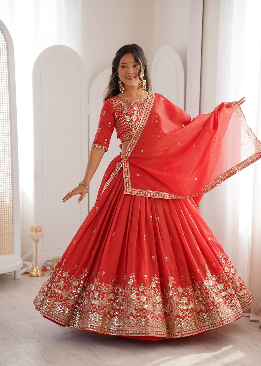 Heavy simmer silk lehenga choli set with thread and sequin embroidery, 3 meter grand flare, bridal wedding wear