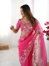 Party Wear Organza Silk Saree with Heavy Embroidery and Matching Blouse