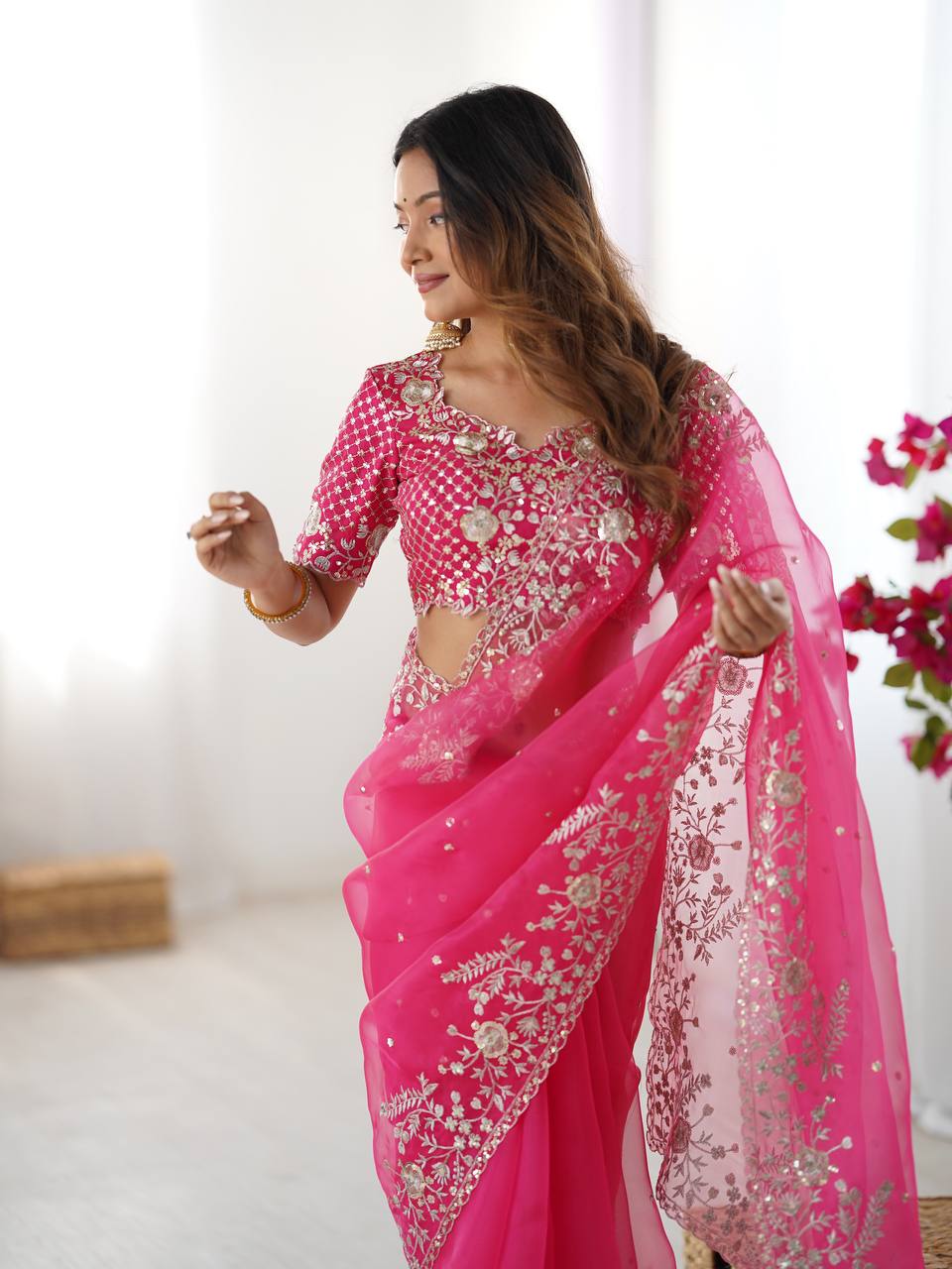 Party Wear Organza Silk Saree with Heavy Embroidery and Matching Blouse