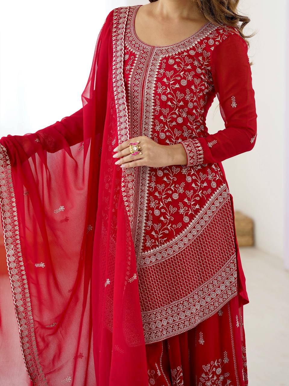 Designer Faux Georgette Embroidered Palazzo Suit Set with Sequins Work Dupatta | Ready to Wear Wedding & Festive Ethnic Wear for Women