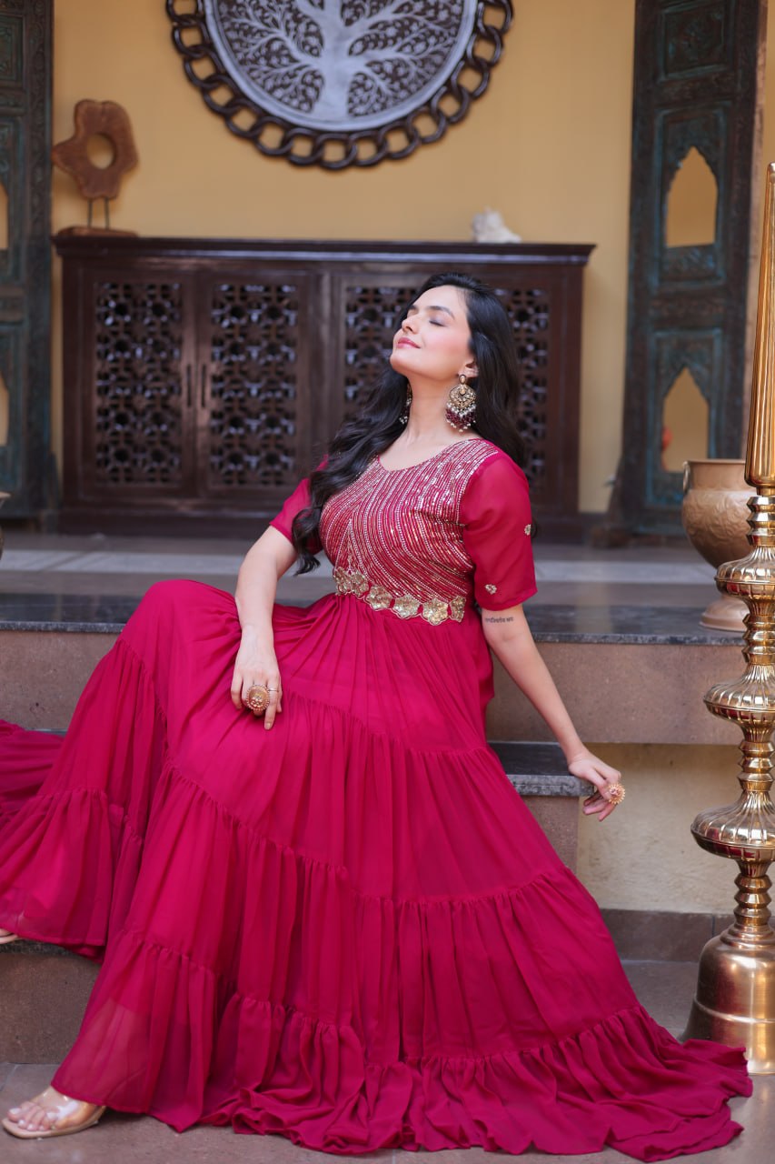 Party Wear Faux Blooming Long Gown with Heavy Embroidery Work