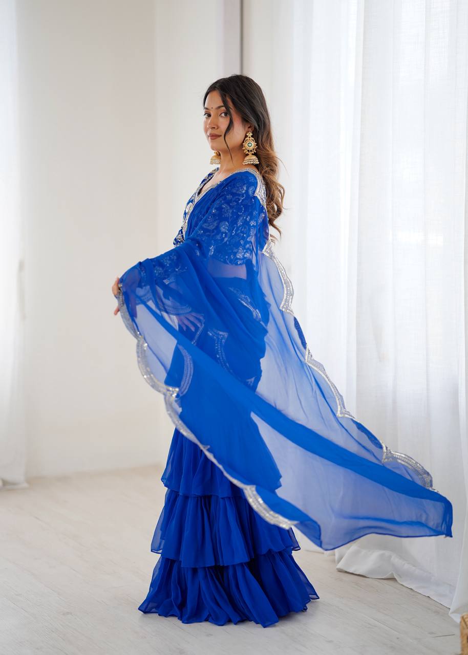 Embroidered Faux Georgette Ruffle Saree with Sequin Work Blouse