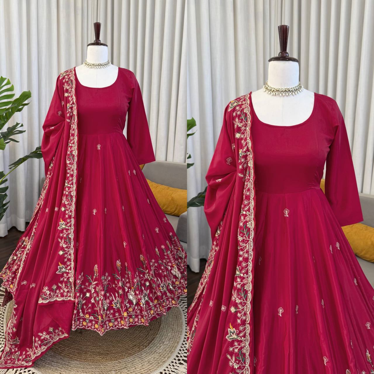 Designer Festive Wear Silk Anarkali Kurta Set with Plazo & Embroidered Dupatta