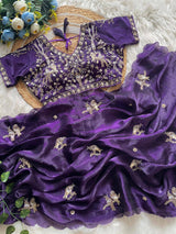 Handcrafted Khatli Work Satin Saree with Designer Stitched Blouse and Scalloped Border