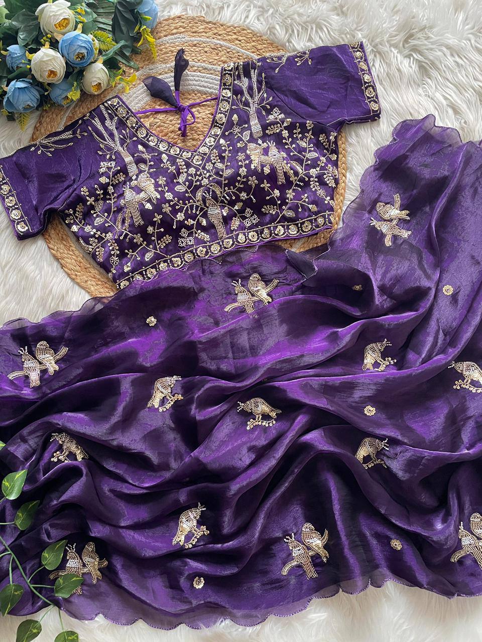 Handcrafted Khatli Work Satin Saree with Designer Stitched Blouse and Scalloped Border