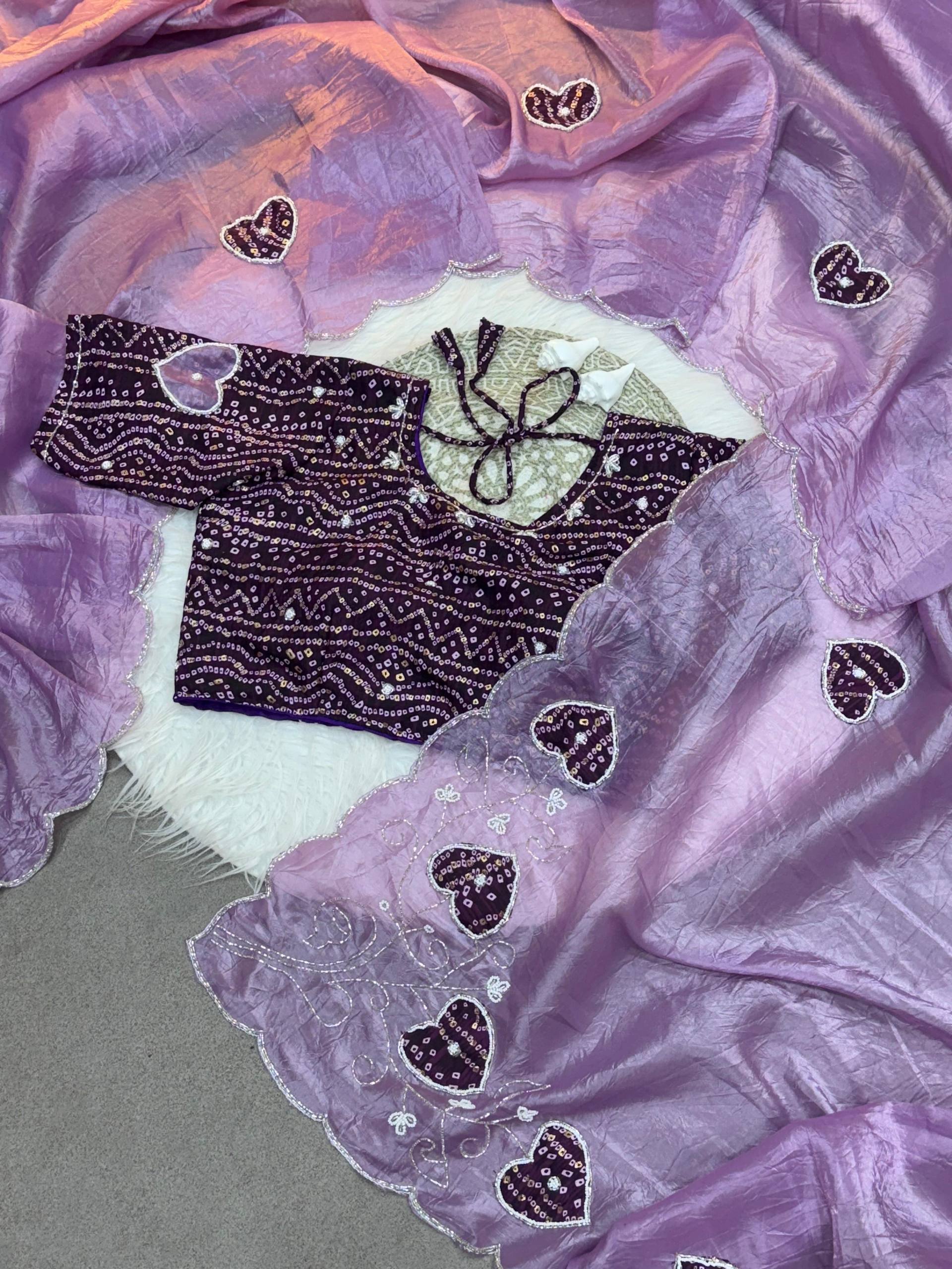 Two-Tone Gold Crush Silk Saree with Bandhej Handwork Cutdana Butta and Foil Print Stitched Blouse