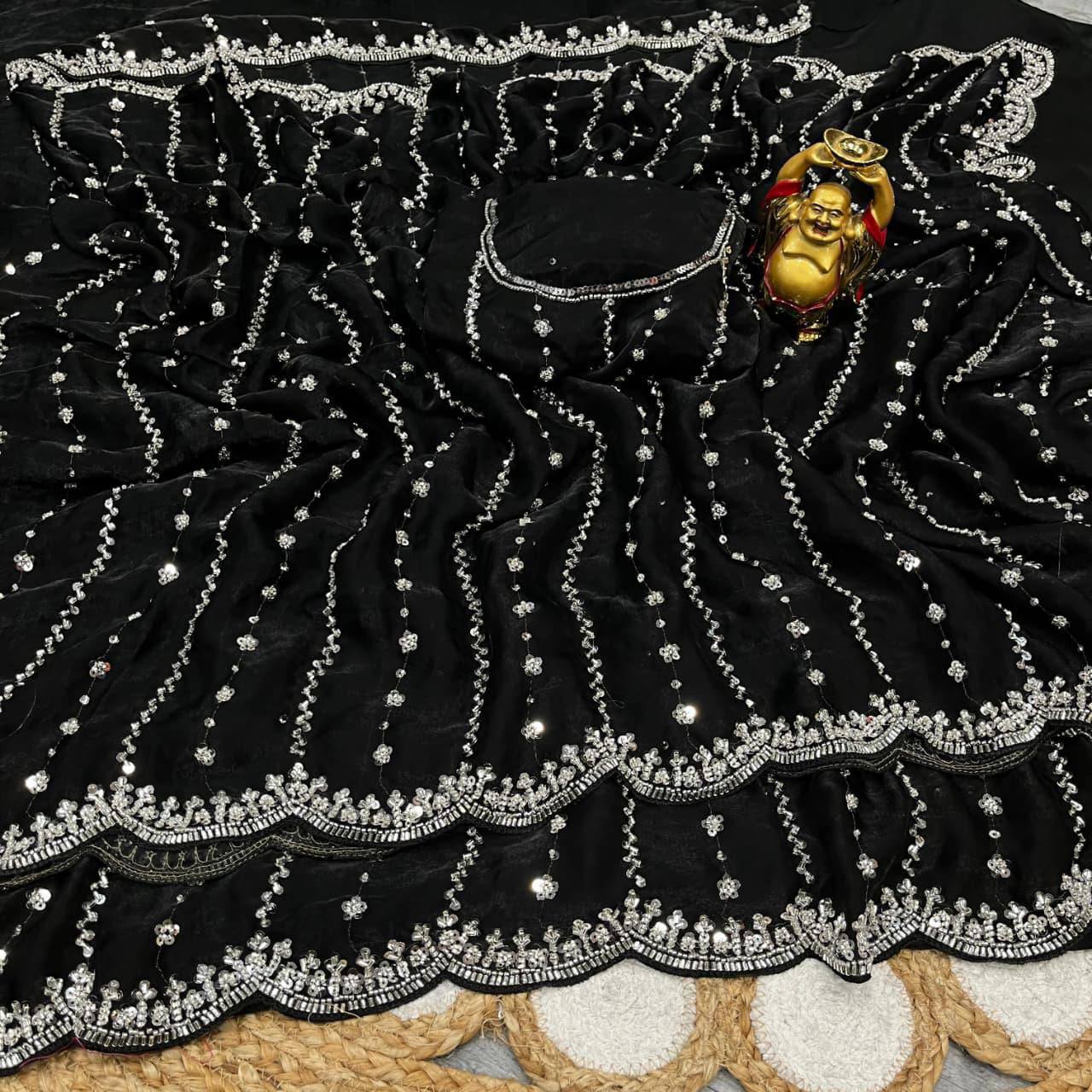 Pure Space Silk Party Wear Saree with Gold Beads, Sequins & Cutdana Handwork and Designer Work Blouse