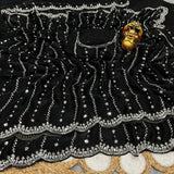 Pure Space Silk Party Wear Saree with Gold Beads, Sequins & Cutdana Handwork and Designer Work Blouse