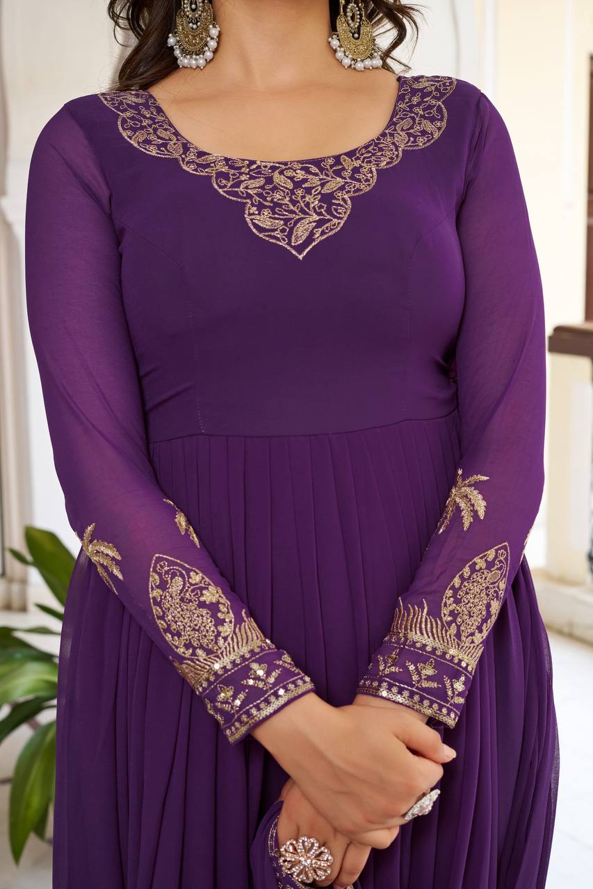 Faux Georgette Embroidered Gown Set with Sequence Work & Matching Pant