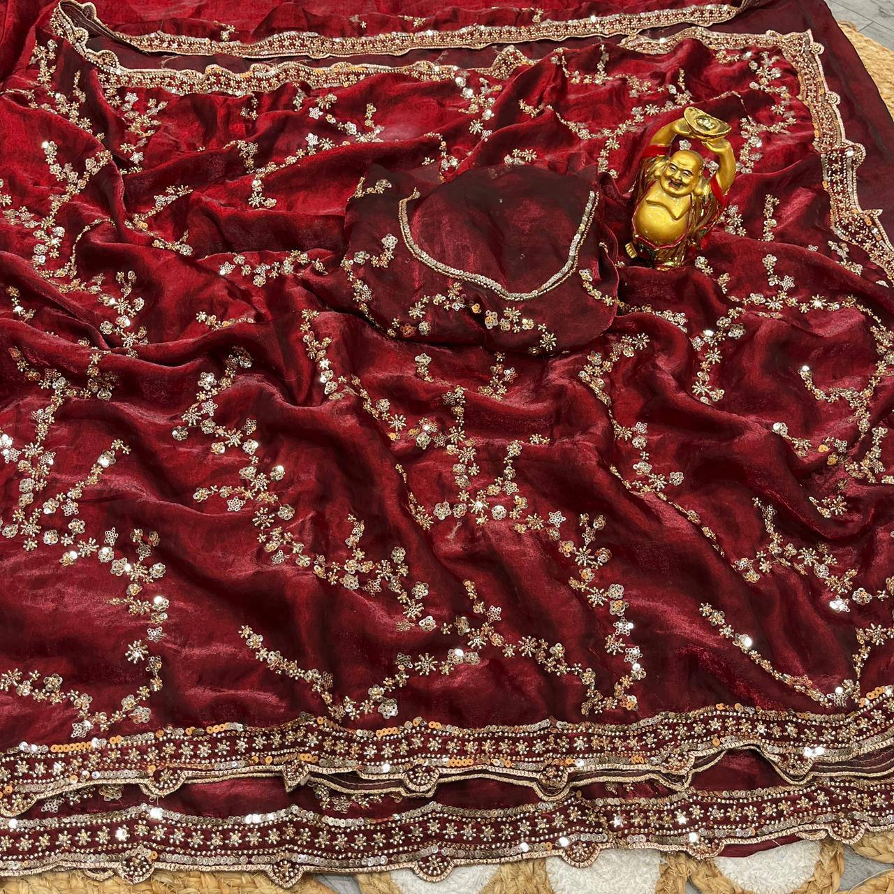 Designer Space Silk Party Wear Saree with Velvet Shine & Gold Cutdana Handwork