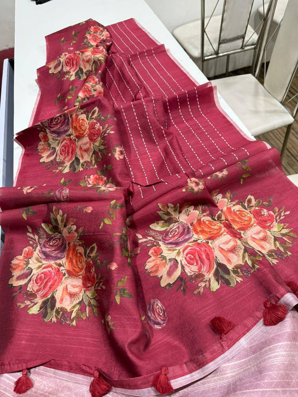 Digital Floral Print Semi Desi Tussar Silk Saree with Tassel Detail and Matching Blouse