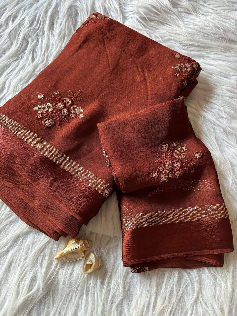 Pure Viscose Georgette Saree with Floral Embroidery Butta & Satin Border