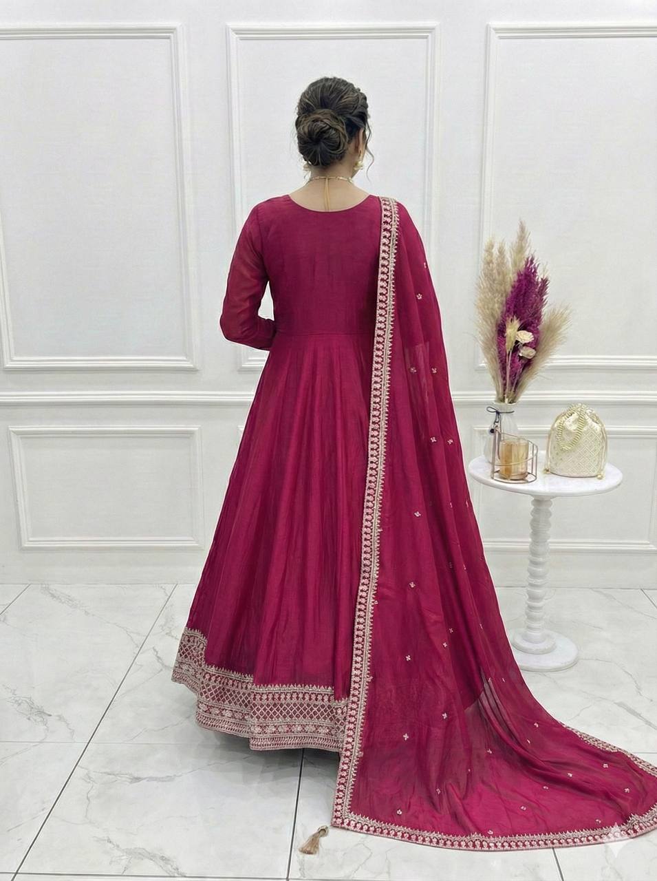 Pure Vichitra Silk Full Flare Anarkali Gown with Sequins Embroidery work, Churidar Sleeves and Dupatta