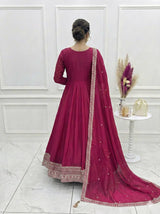 Pure Vichitra Silk Full Flare Anarkali Gown with Sequins Embroidery work, Churidar Sleeves and Dupatta