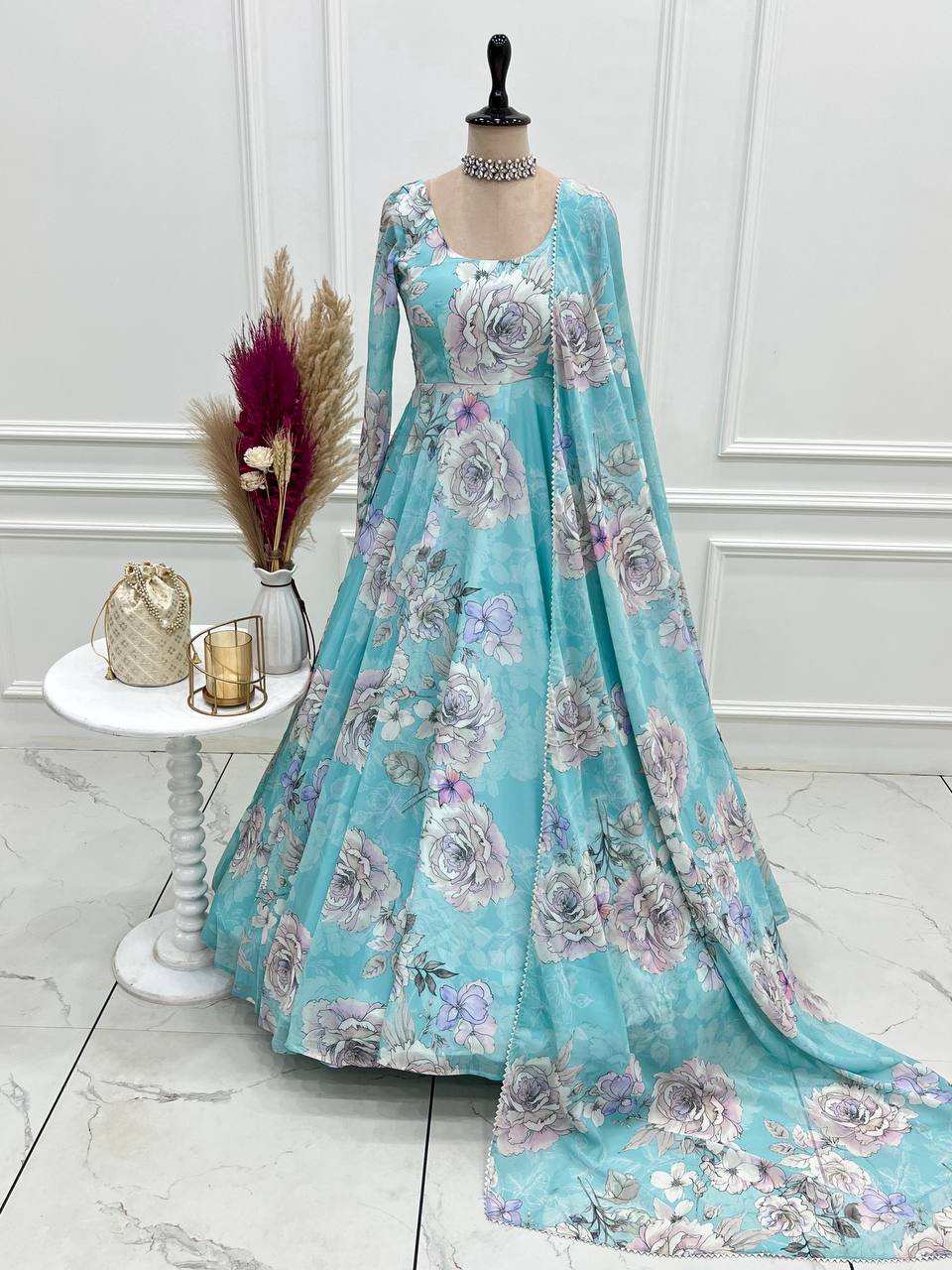 Heavy Fox Georgette Floral Anarkali Gown with Shawl Style Lace Dupatta
