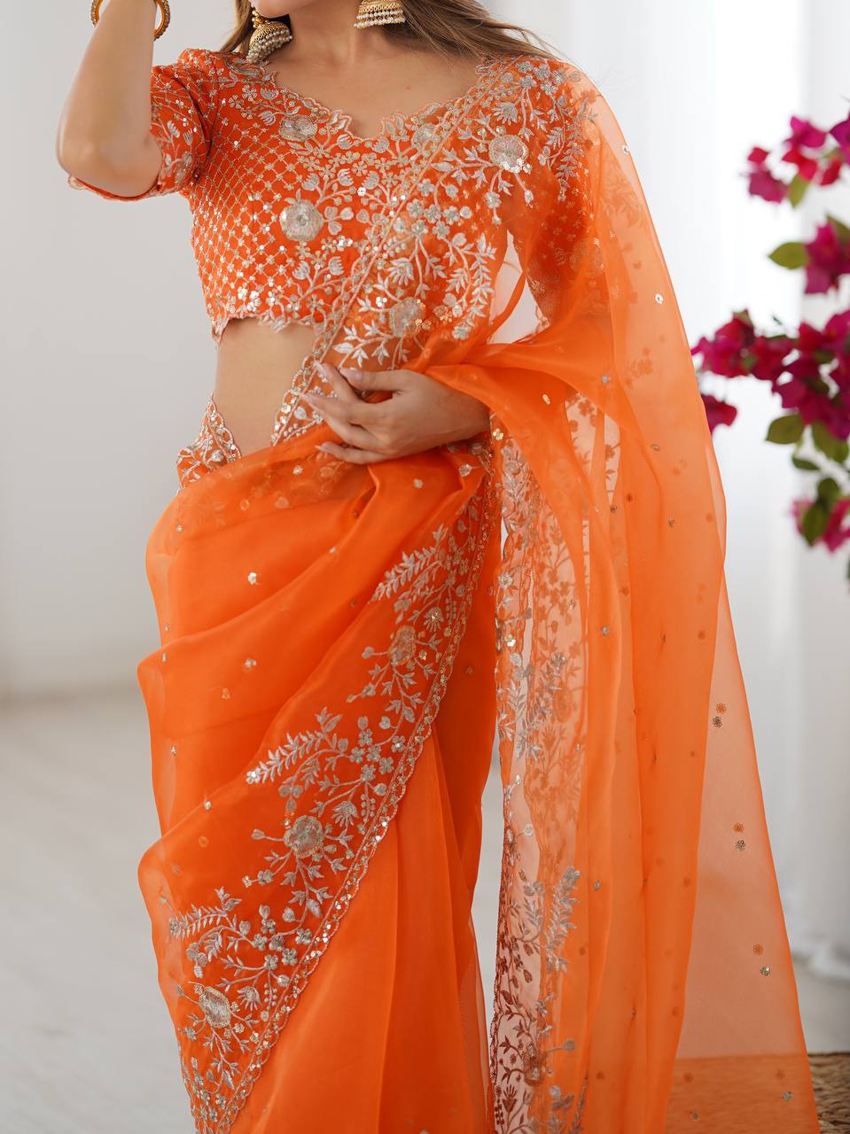 Designer Embroidered Organza Saree - Luxury Wedding Wear with Sequin Work