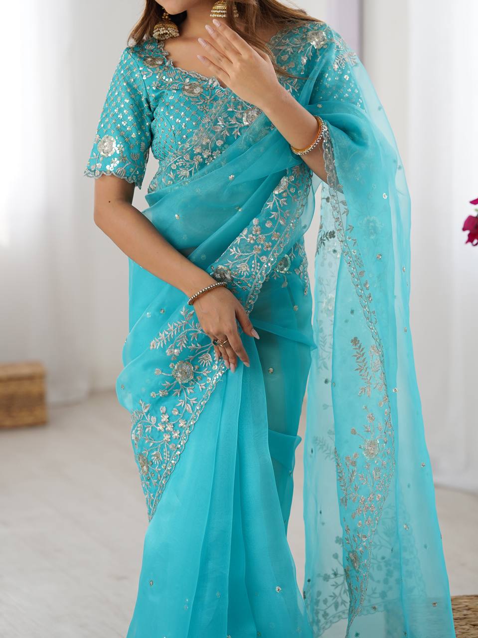 Designer Embroidered Organza Saree - Luxury Wedding Wear with Sequin Work