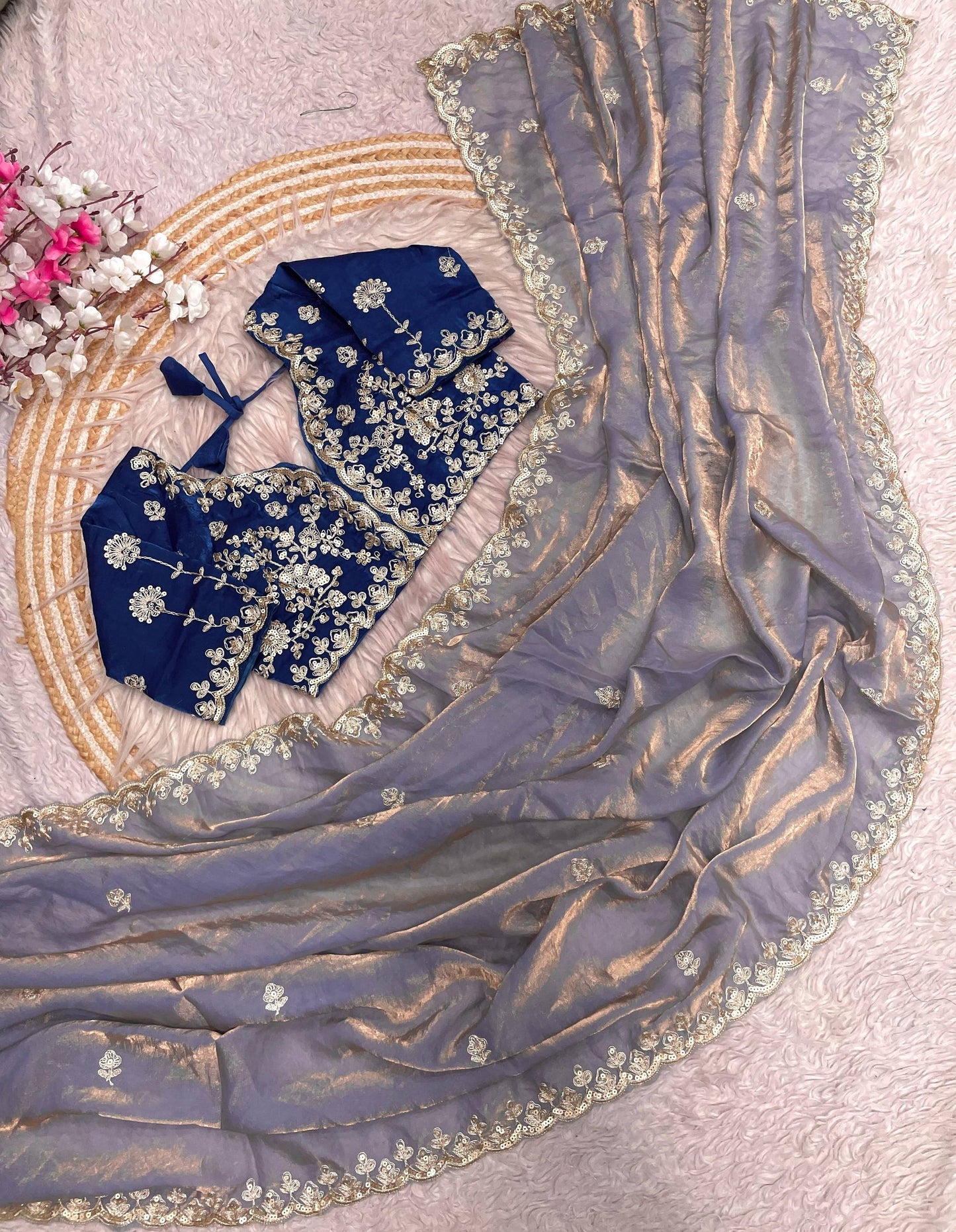 Premium Fendy Satin Silk Designer Saree with 5mm Sequins & Coding Embroidery Work | Fully Stitched Blouse