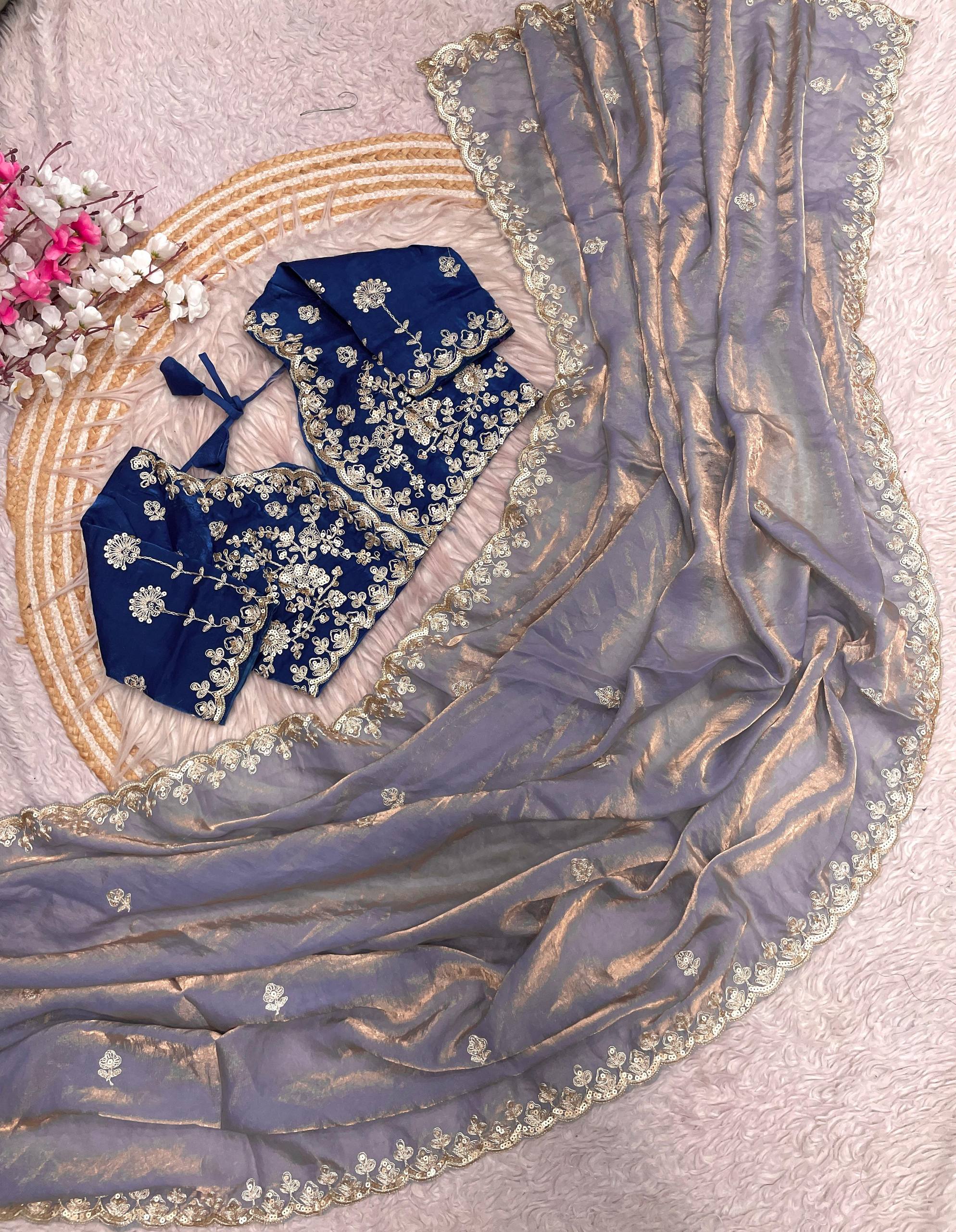 Premium Fendy Satin Silk Designer Saree with 5mm Sequins & Coding Embroidery Work | Fully Stitched Blouse