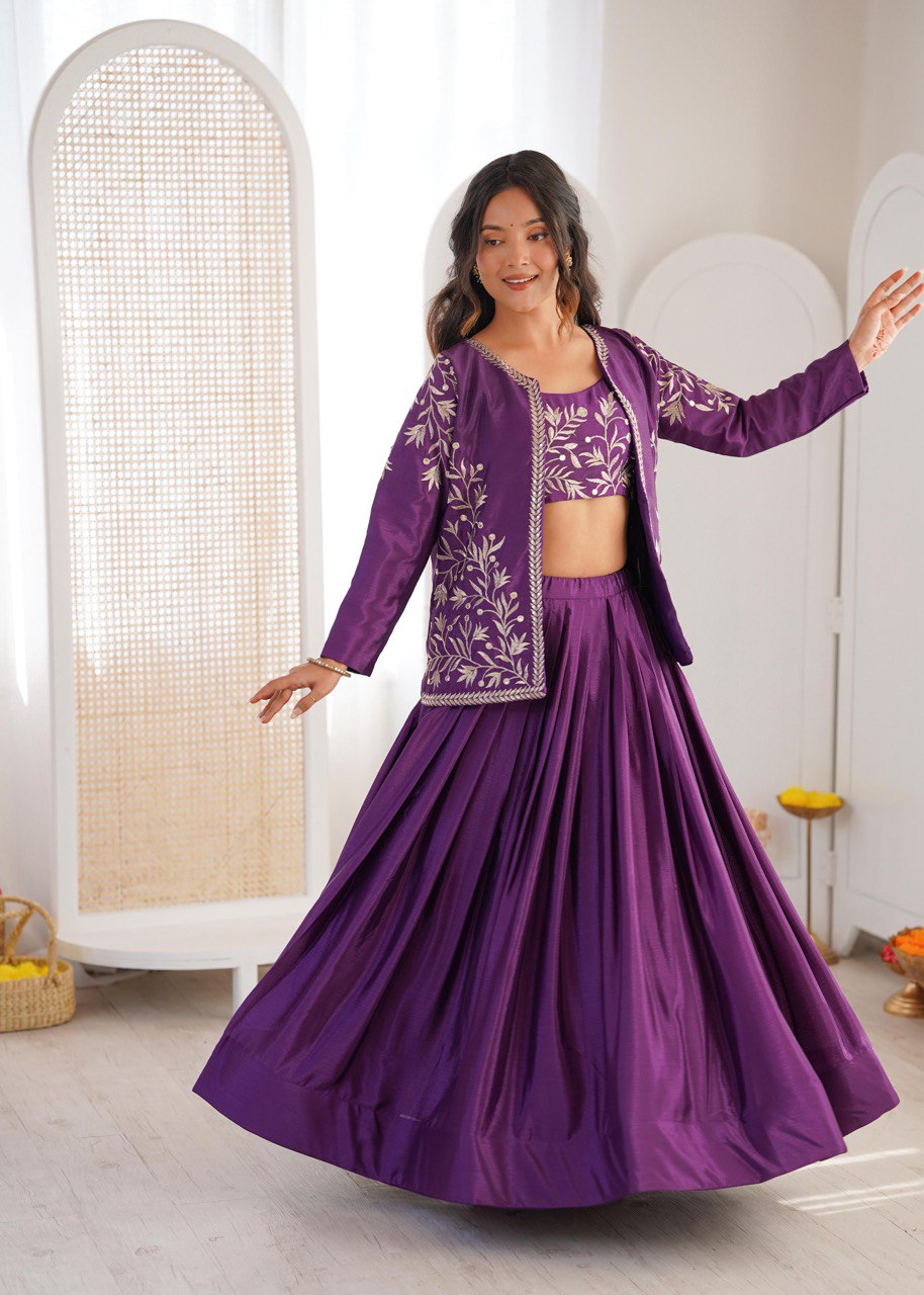 Heavy Chinon Silk Lehenga Choli with Embroidered Koti | 3.5 Meter Flair | Festive & Wedding Wear Set
